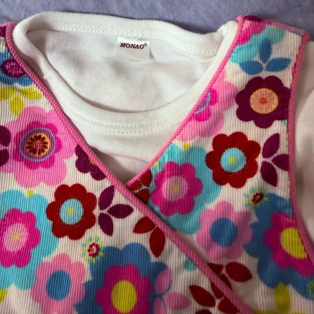 Vibrant Colorful Flower Print Corduroy Jumper Dress with Top, 12 mos - Picture 2 of 5